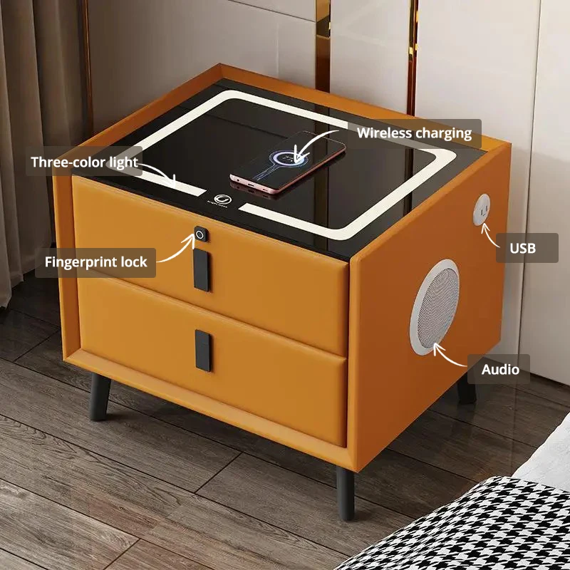 Smart bedside table, light luxury for small people, two leather drawers, three color lighting, wireless charging, USB intelligent bedside round table audio password fingerprint lock wireless charging leather wood cabinet nightstands for bedroom