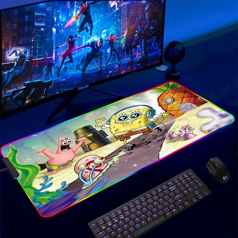 

Keyboard Pad Anime RGB Mouse Pad Cartoon Spongebobs Extended Mause Gamer LED Mousepad Gaming Deskmat Mat Kawaii Laptops Pad