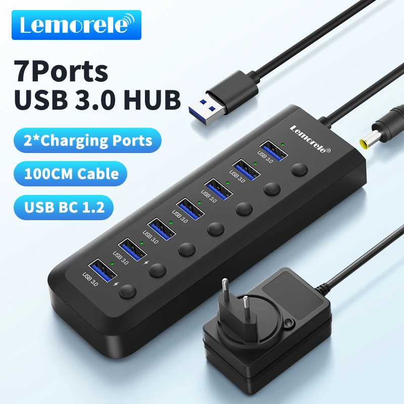 

Lemorele 7-Ports USB Hub Powered USB Hub 3.0 Multiprise USB High Speed Splitter 7 Port 5Gbps Power Adapter 5V/1.5A Charging Port