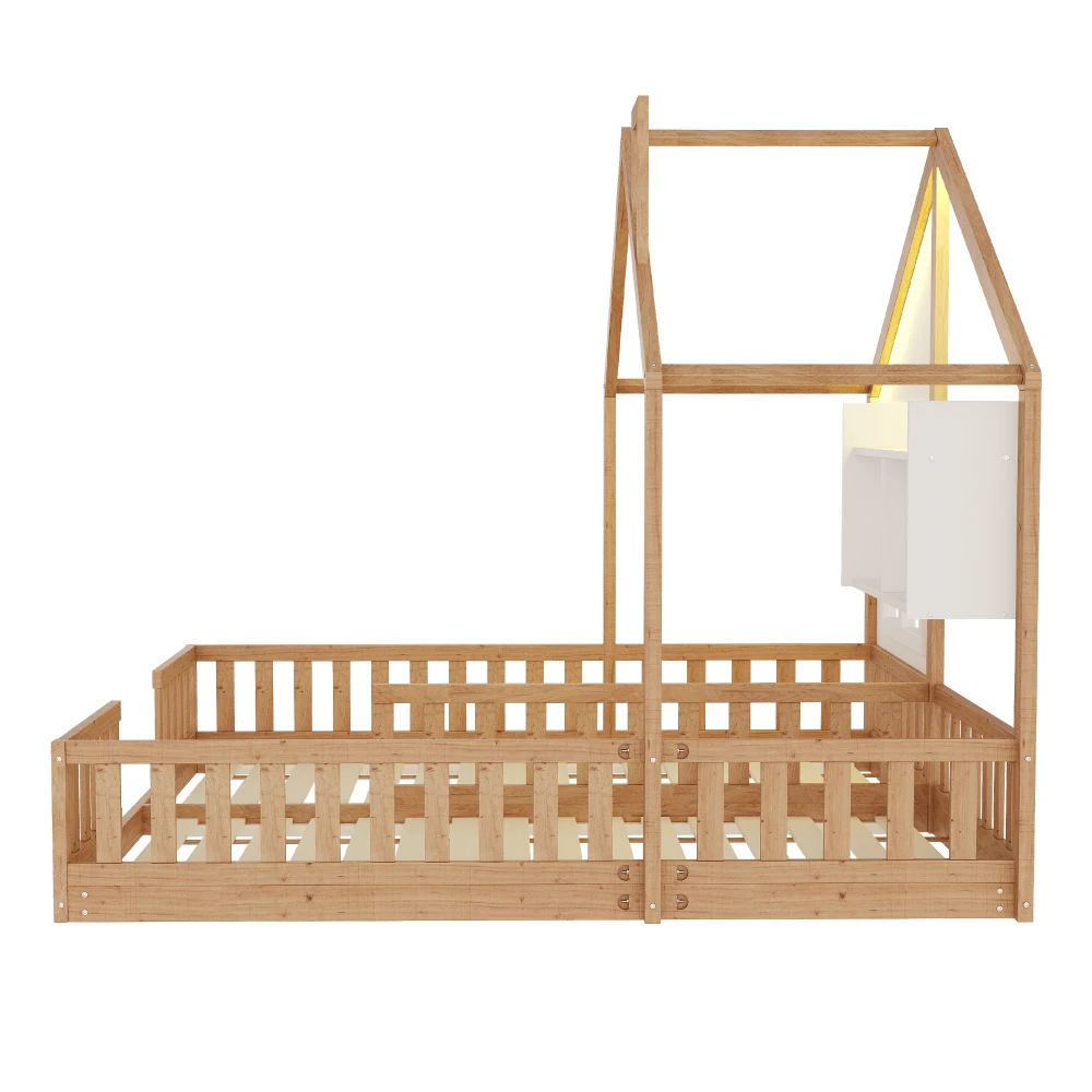 90×200cm Kinderbett, Holz-Doppelbett, Hausdesign mit Fenstern und Schornstein, LED-Beleuchtung, Sicherheitsgitter, Stauraum – Detail 26
