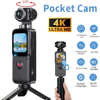 Touch screen per action camera tascabile 4K 270 °   Mini telecamera sportiva ruotabile automatica EIS Bodycam anti-vibrazione Zoom 4X Registrazione per bicicletta da viaggio