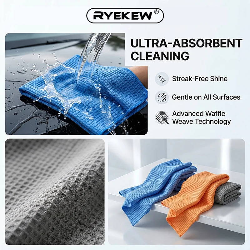 Ryekew Autoreinigungstuch – Superabsorbierendes Autotuch, streifenfreies Glastuch, Waffelgewebe-Handtuch – Detail 6