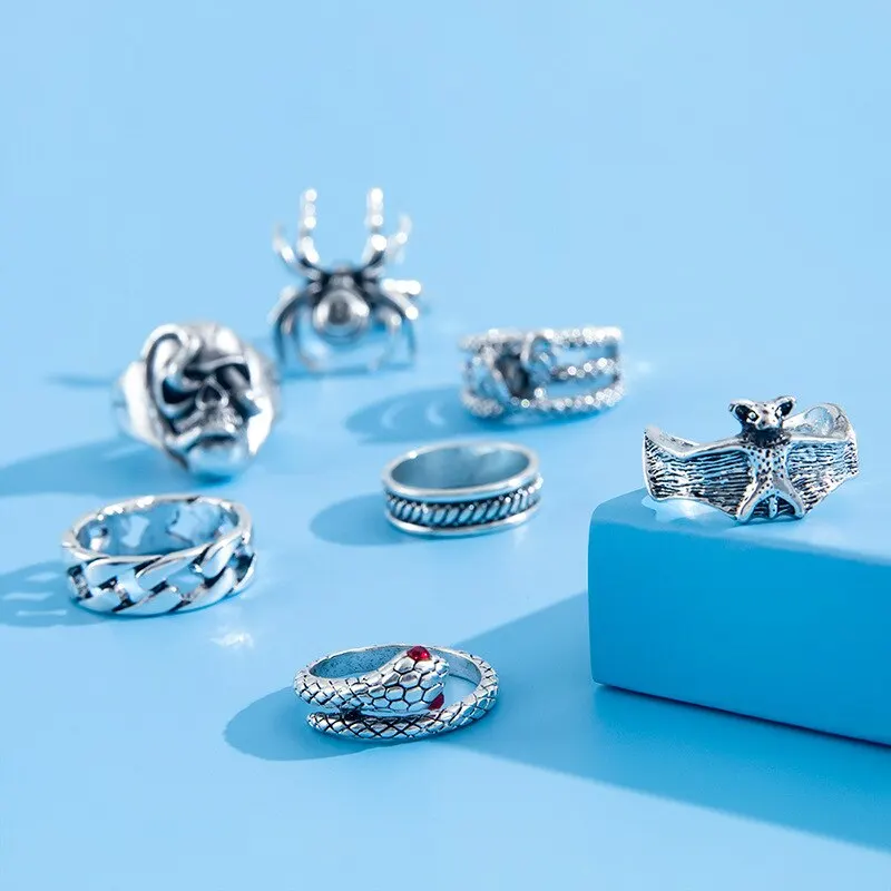 Ring Set Gothic Skeleton Unisex Punk Grunge Butterfly Frog Woman Man Jewelry Hip Hop Party Street Ring Accessories Gift