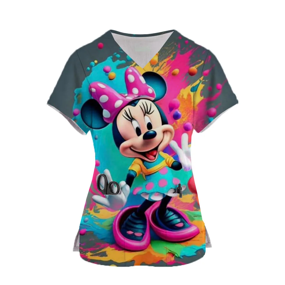 Женская блузка с коротким рукавом, V-образным вырезом и принтом Микки Мауса