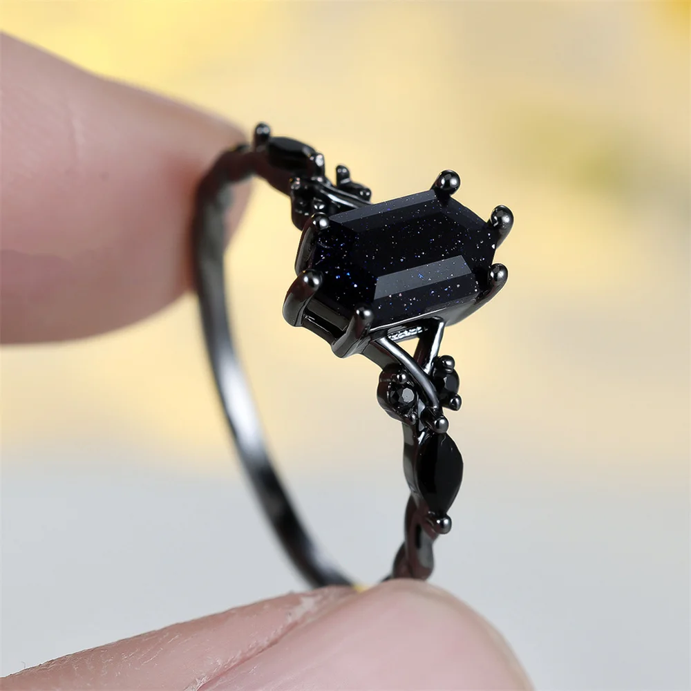 Geometric Stone Blue Crystal Black Zircon Rings For Women Vintage Black Metal Engagement Bands Wedding Jewelry Bridal Party Gift