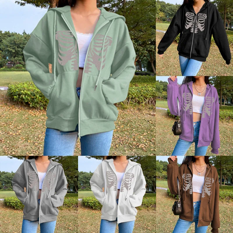 

Fall/winter 2022 New Fashion Casual Loose Halloween Skull Print Pullover Double Hood Tops for Women