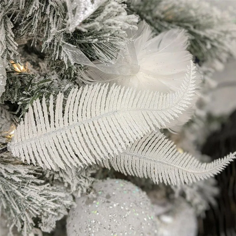 5pcs Glitter Feather Artificial Leaves Clip Xmas Tree Ornament Christmas Party Home Decoration Navidad New Year Wedding Flowers