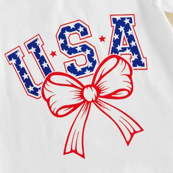 Infant Girl Patriotic Outfit American Flag Print Ruffle Sleeve Top and Denim Shorts Set for 4th of July Celebration 1