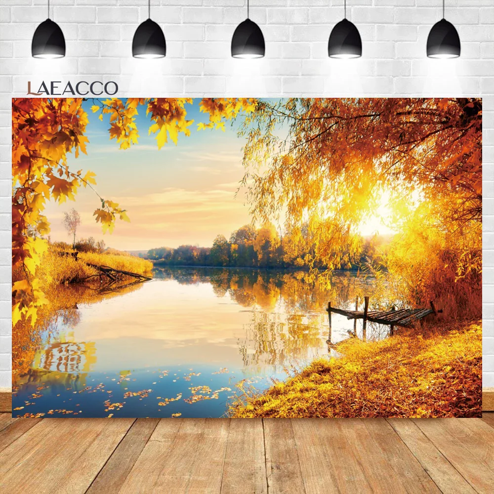 

Laeacco Autumn Maple Forest Lakeside Landscape Natural Photography Backdrop Clear Lake Fallen Leaves Wedding Portrait Background
