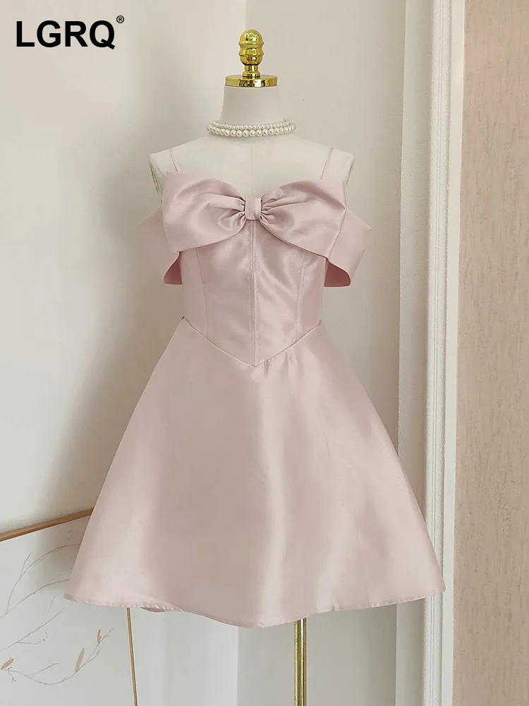 

LGRQ Women's Bow Design Dress Fashion Slash Collar High Waist Sleeveless Thin Elegant Dresses Female Summer 2024 New 36A1829
