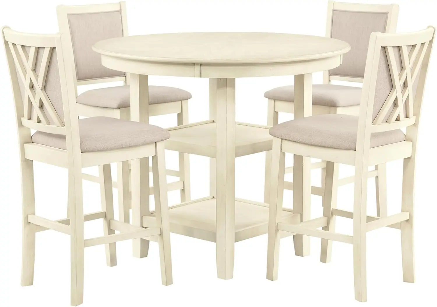 5-Piece Counter Dining Table Set Dining set includes 1 solid wood table with 1 storage shelf and 4 solid wood chairs