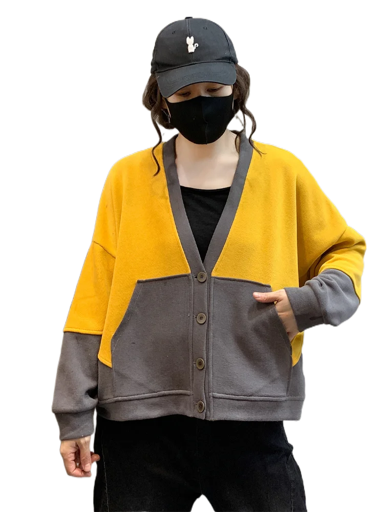 FairyNatural Spring V-Neck Design Loose Casual Coats Ladies Street Patchwork Retro Jacket Fashion British Style Punk Clothing |