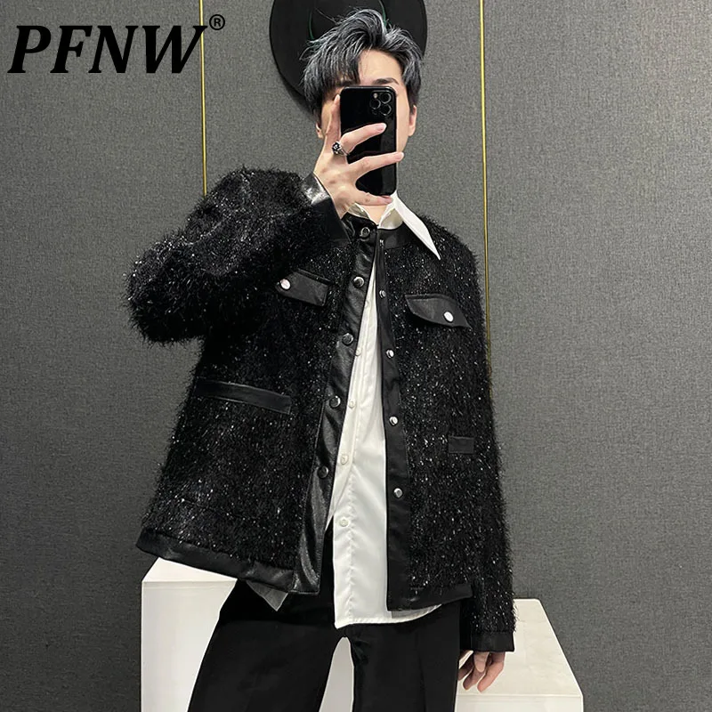 

Мужская куртка в стиле пэчворк PFNW, темно-синяя Повседневная куртка из кожи и шелка, осень 2023