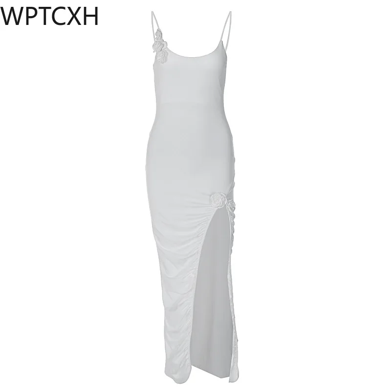 

2024 Spring New Solid Color Women's Halter Dress Flower Bouquet Decoration Slim High Slit Pleated Dress Women Sense of Design