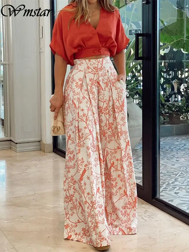 Wmstar Pants Sets Womens Two Piece Set Crop Top Wide Leg Casual Fashion Summer New Outfits Matching Wholesale Dropshipping 2023