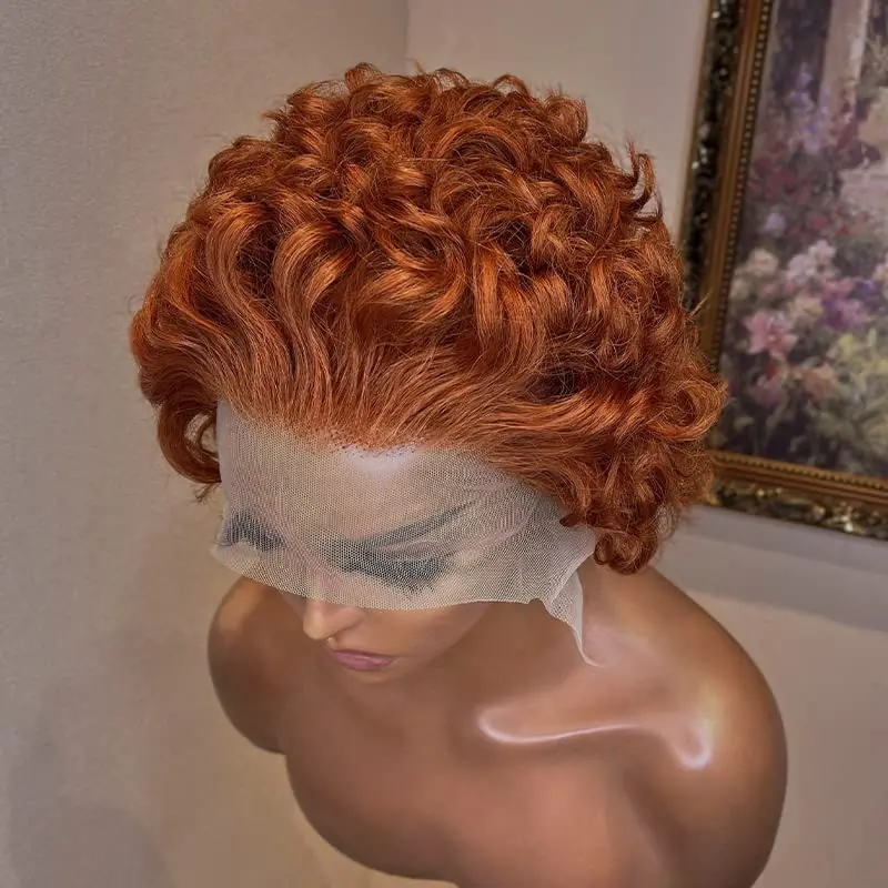 Short Curly Human Hair Wigs Pixie Cut Curly For Women 6 Inch 13x1 Transparent Lace Frontal Wigs Water Wave Orange Color