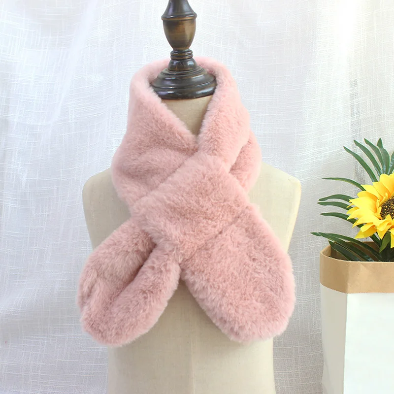 Children Winter Soft Warm Scarf Faux Rabbit Fur Cross Collar Scarves Kids Baby Girl Boy Fashion Shawl Neck Warmer Neckerchief