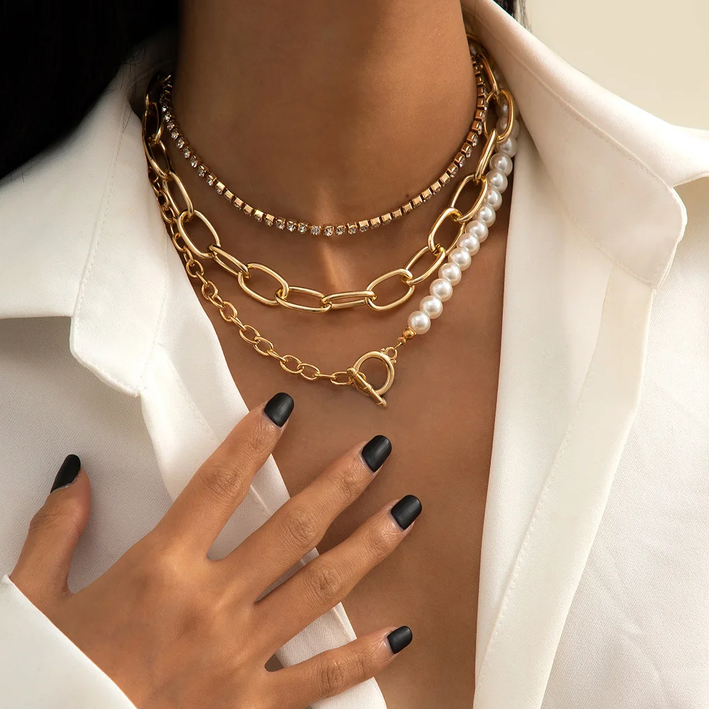 

Fashion Premium Pearls Necklace For Women Gold Color Three Piece Ot Clasp Layered Neck Chain Female Vintage Trendy Jewelry
