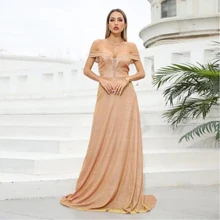 

Sparkly Evening Dresses A Line Off The Shoulder Simple Evening Gowns Glitter Sleeveless Sweep Train Draped Robe de Soirée Femme