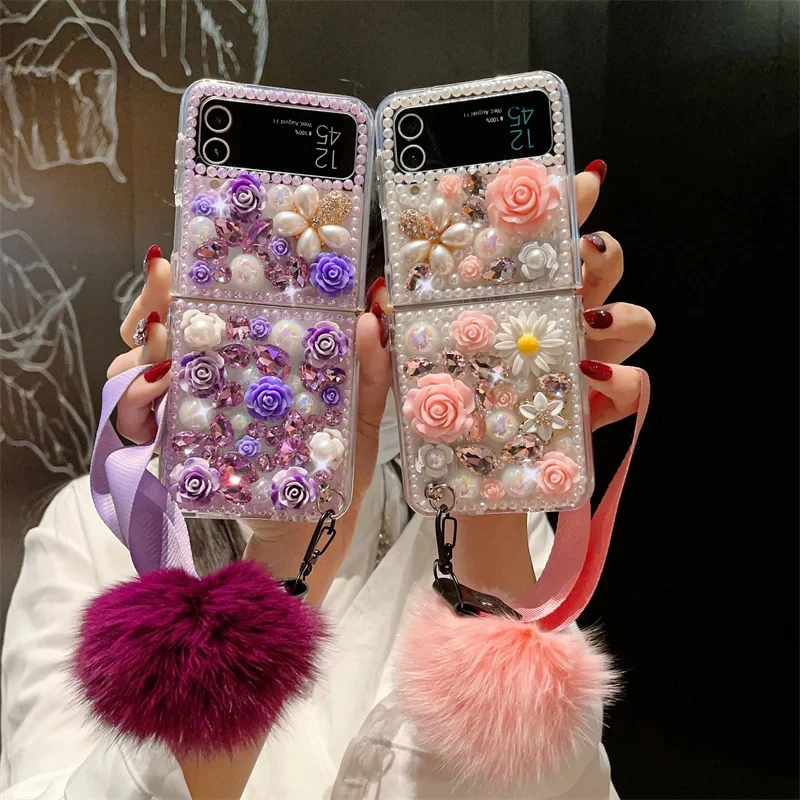 

Suitable for Samsung Galaxy Z Flip 5 4 3 5G Fold 2/3/4 Unique Luxury Pearl Diamond Flower Wrist Leather Phone Case