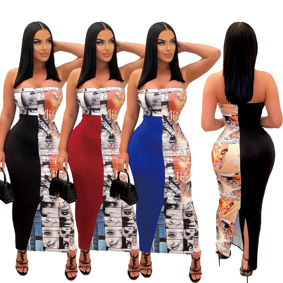 

Sexy Strapless Backless Women Summer Dress Splicing Print Skinny Birthday For Women Long Evening Dress