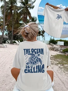 Fashion Women T Shirt The Ocean Is Calling Turtle Printed Short Sleeve Crew Neck Soft  Eco Friendly Casual Summer Top 1