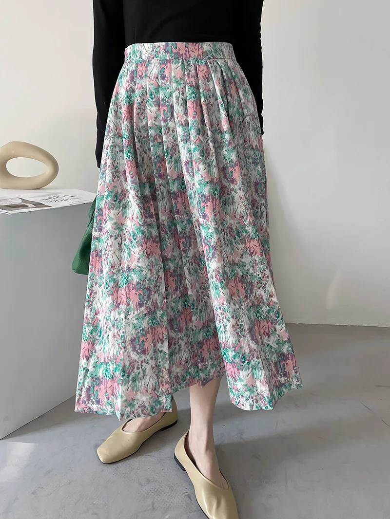 Spring Chic Fresh Floral Print Skirts Womens Vintage High Waist Elegant Pleated Skirt All-match Chiffon Faldas Mujer Moda 2022 mini skirt
