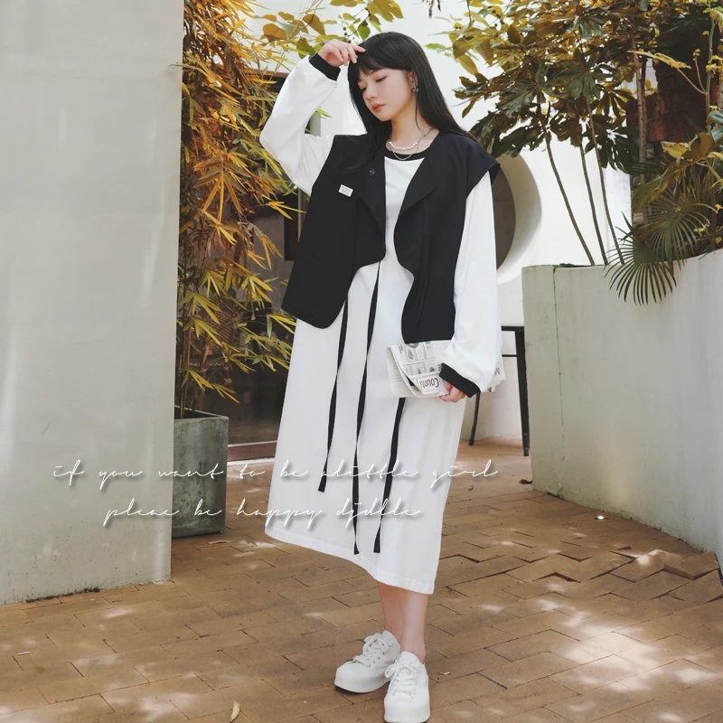 

Tshirt Dress and Vest Two Piece Sets 2023 Spring New Women Long Sleeve O-neck Casual Loose Korean Style Dresses Outfit Girl 6672