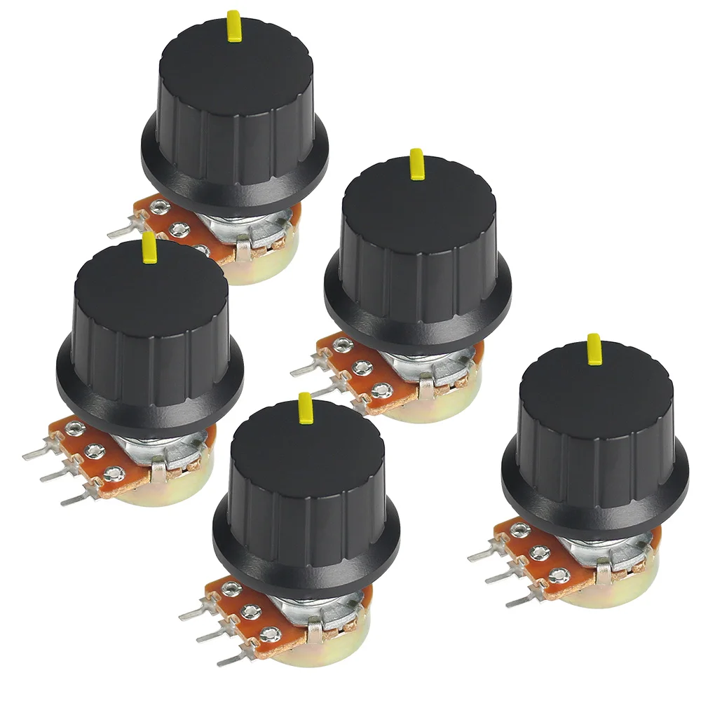 

5Set WH148 1K 2K 5K 10K 20K 50K 100K 250K 1M Linear Potentiometer 15mm 3pin with Yellow 24x15mm Knob Cap Potentiometers Kit