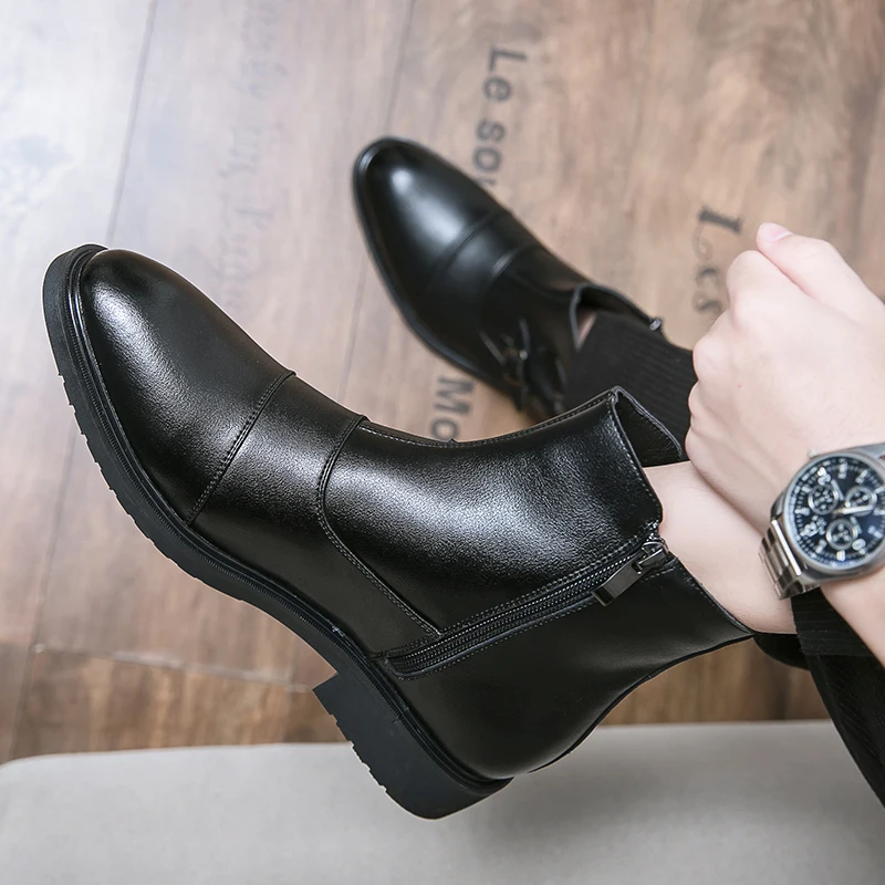 

Men Boots Winter Leather Short Boot British Style Shoes Flat Heel Work Boot Motorcycle Boots Casual Ankle Shoes Chelsea Boots