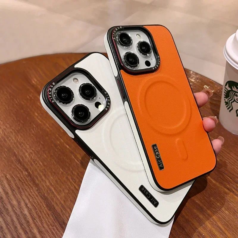 Luxury Matte Leather Magnetic Phone Case with Wireless Charging and Shockproof Bumper