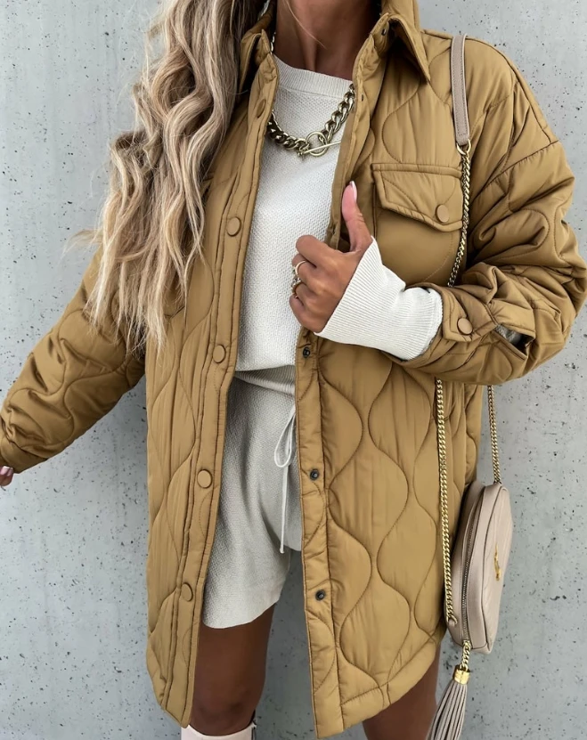 

Woman Fashion Long Sleeve Snap Button Flap Detail Puffer Coat Temperament Commuting New Winter Woman Casual Puffer Jacket