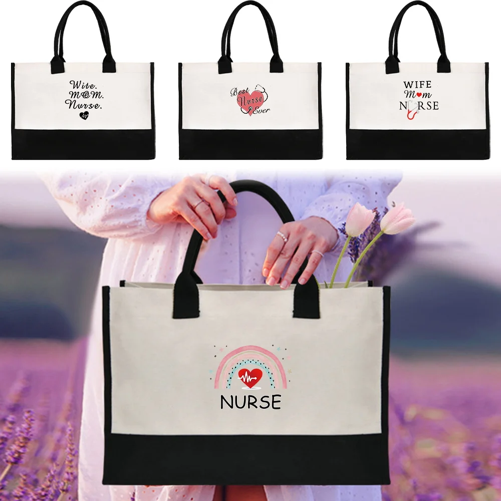 New Portable Women's Handheld Shopping Bag Reusable and Environmentally Friendly Jute Shopping Nurse Series Printing Pattern fashion kitchen aprons for men chef adult bib nurse pattern restaurant cafes cooking apron beauty nails work clothes for woman