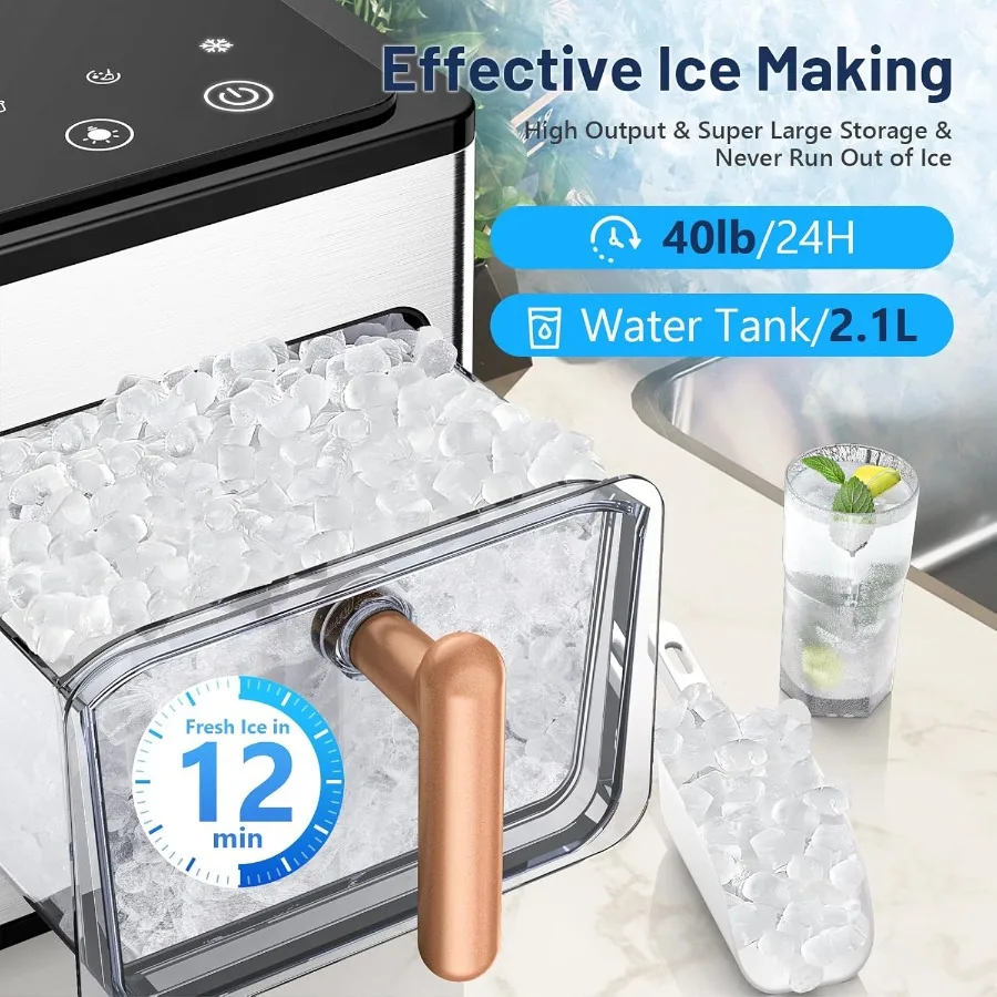 Nugget Ice Maker Countertop 40lbs/24H Pebble Ice Maker with Soft Chewable Self Cleaning Sonic Machine Stainless Steel w