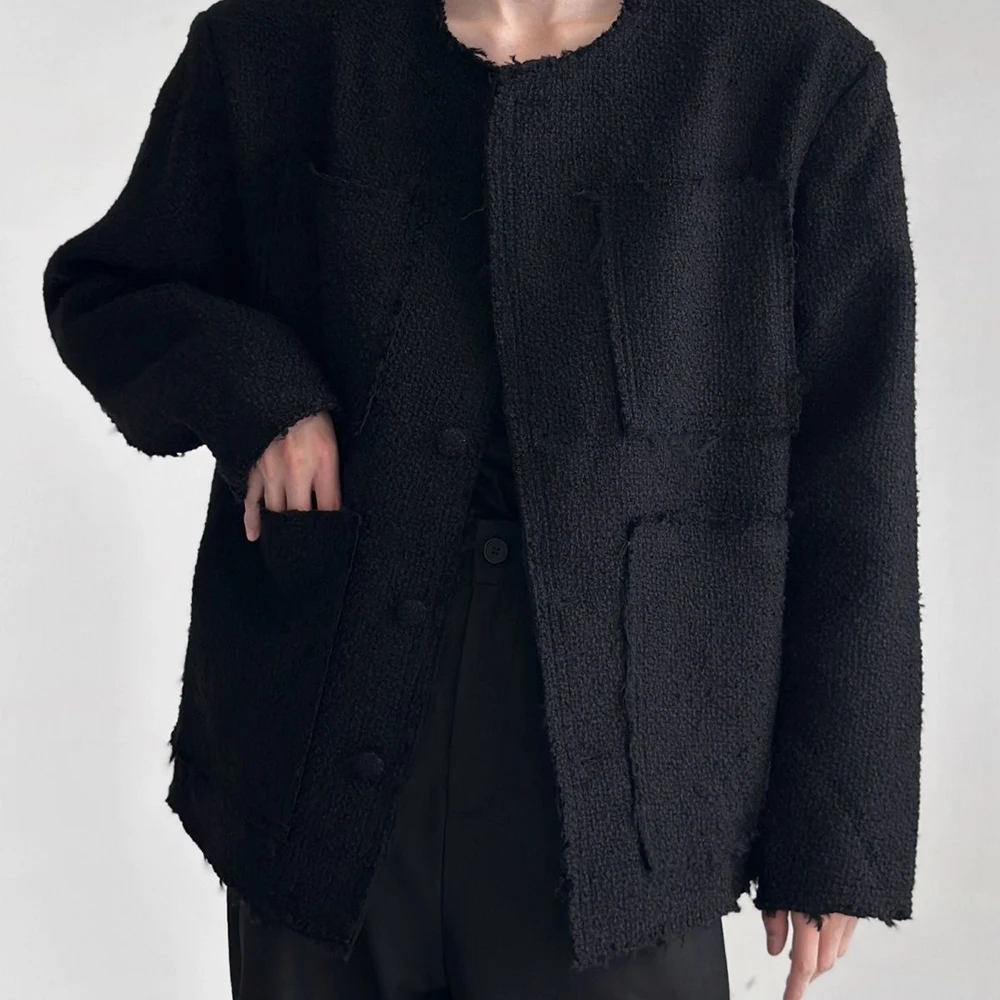 Mens Solid Color High-End Jacket Autumn And Winter New Style Raw Edge Design Collarless Loose Top Korean Style Trendy Jacket 4