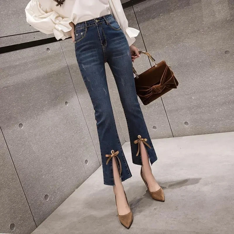 

2023 Spring New Nine Points Jeans Women's Slit Lacing High Waist Fashion Slim Flared Pants Female Denim Trousers Wild Vintage