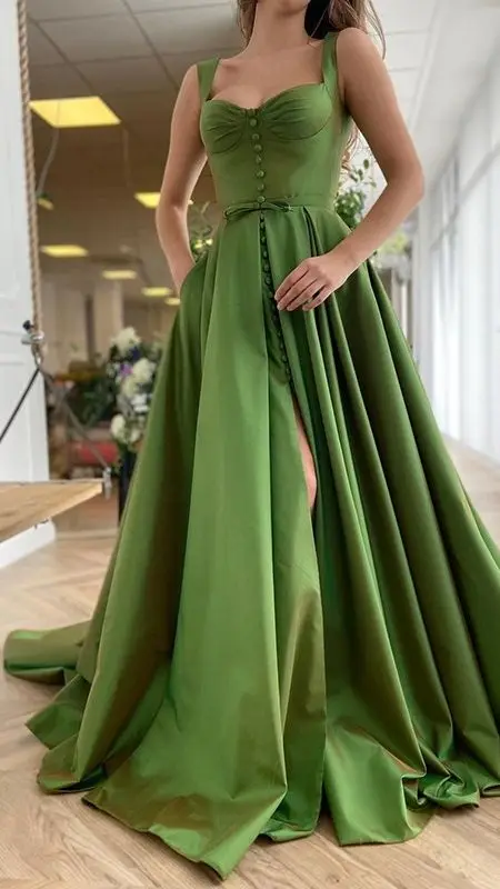 

Green Prom Dresses 2023 Long Satin Straps Sweetheart A Line with Slit Buttons Bow Formal Party Evening Gowns Women Elegant