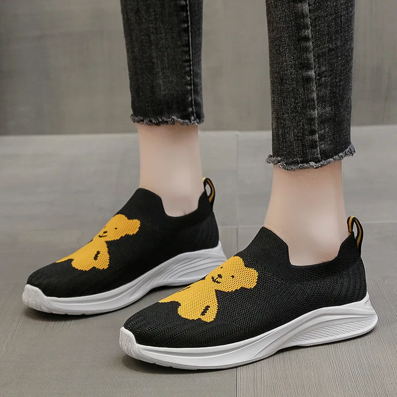Women Knitted Vulcanized Shoes Platform Sneakers Female New Flat  Breathable LightweightCasual Bear  Zapatillas Mujer