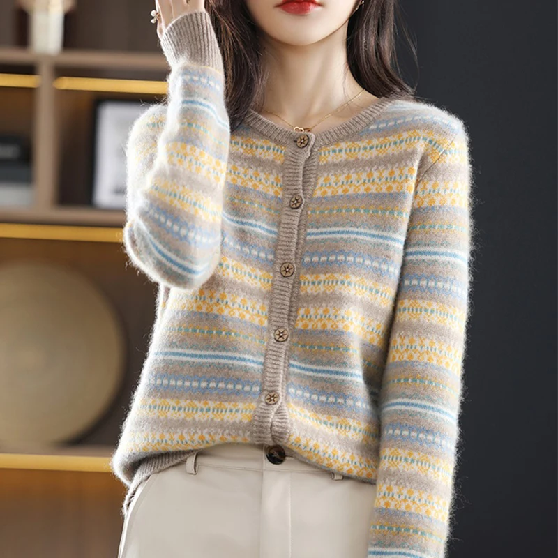 

Limiguyue Pink Soft Striped Cardigans Elegant Knit Sweater Women Round Neck Color Matching Causual Knitwear Spring Jacket J029