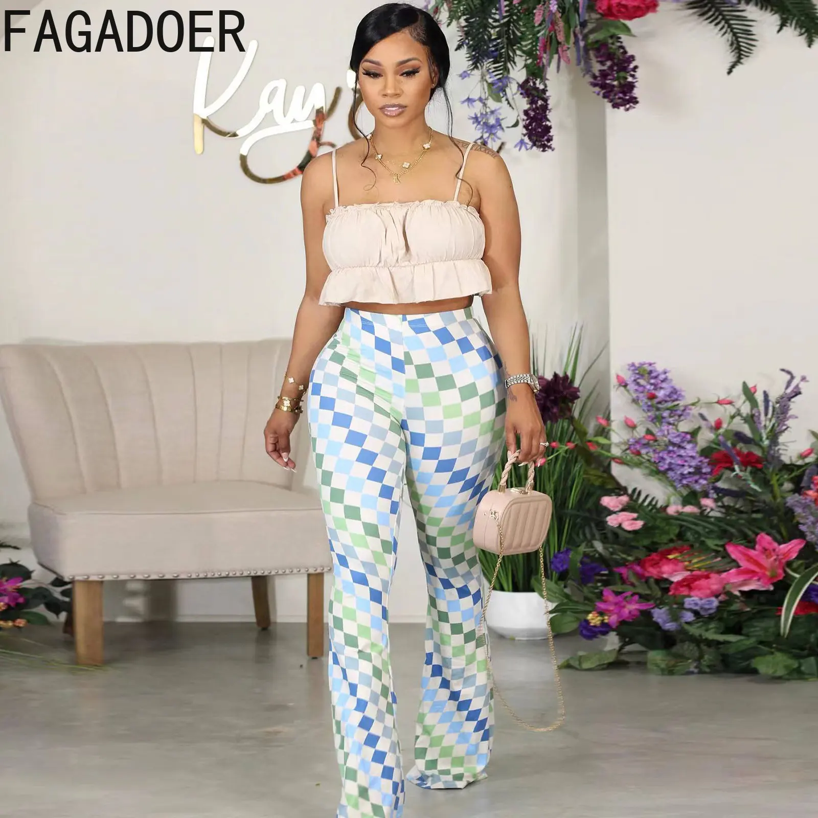 FAGADOER Casual Printing Skinny Flare Pants Women High Waisted Plaid Trousers Female Fashion Matching Streetwear Bottoms 2023