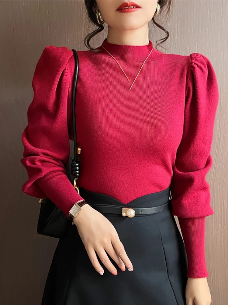 Autumn Winter Sweater Turtleneck Slim Fit Basic Pullovers Fashion Korean Knit Tops Puff Sleeve Womens Sweater Stretch Jumpers 3