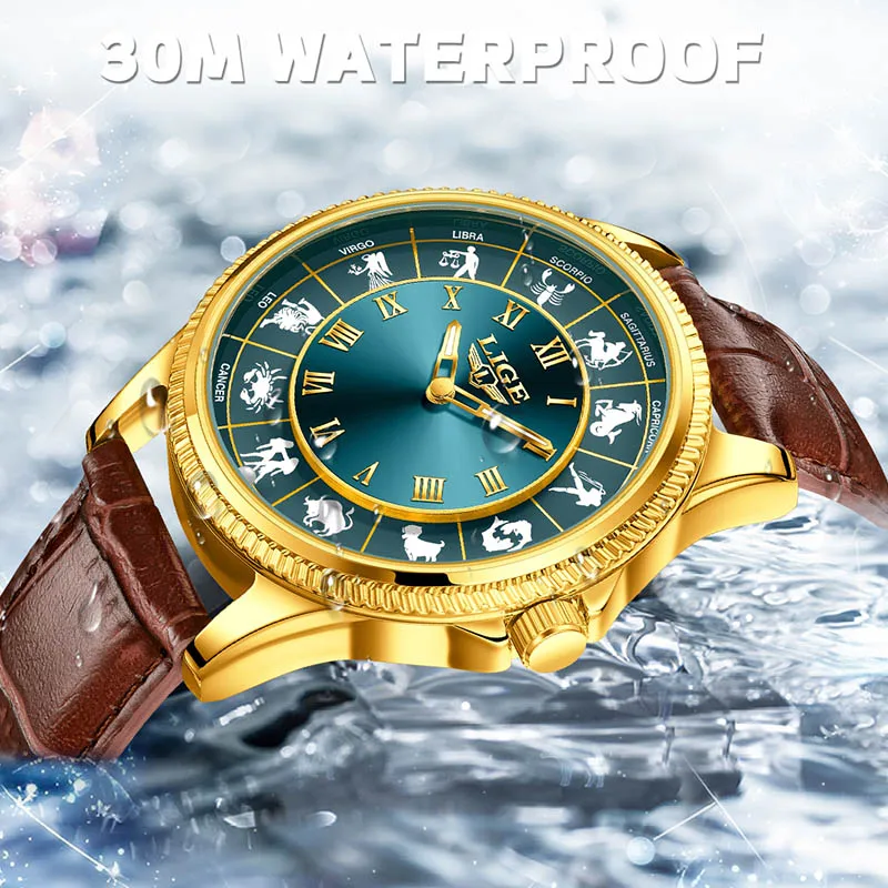 LIGE New Creative 12 Zodiac Watch Men Fashion Leather Waterproof Luminous Watch for Men Business Sport Men's Quartz Wristwatches