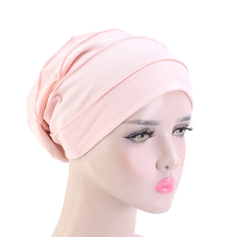 Women Stretch Beanie Chemo Cotton Hair Turban Hat Double-layer Soft Satin Lining Crinkled Hijab Inner Hijab Caps 5