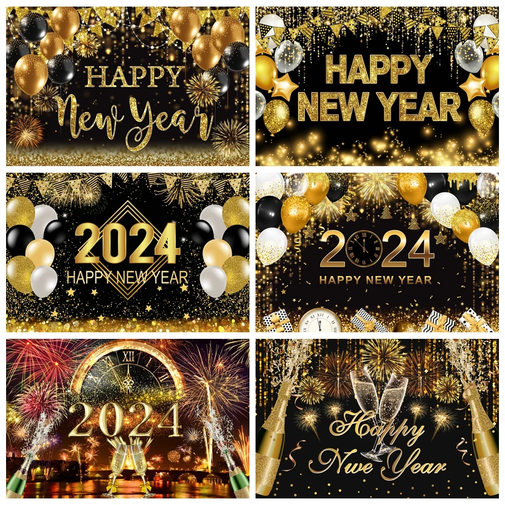 

Happy New Year Backdrop for 2024 Firework Champagne Balloons Christmas New Year Party Photography Background Photo Studio Decor