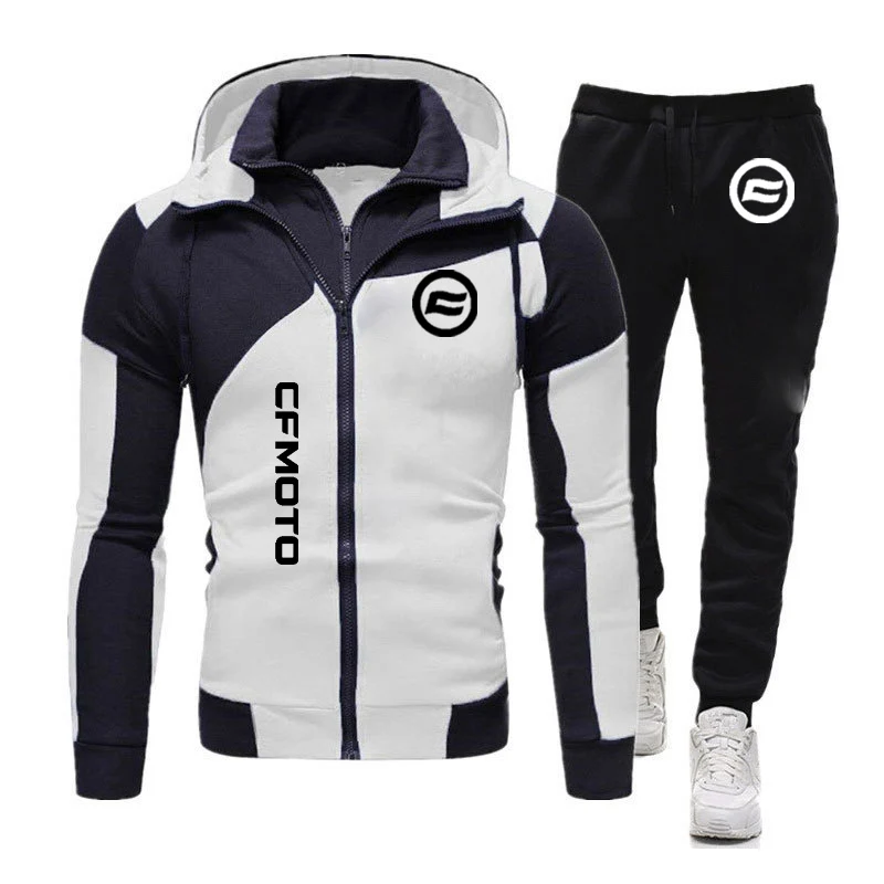 Cfmoto 2023 Autumn Winte Oblique Zipper Tracksuit Men Sweatshirt + Sweatpants 2 Pieces Set Casual Mens Hooded Hoodies
