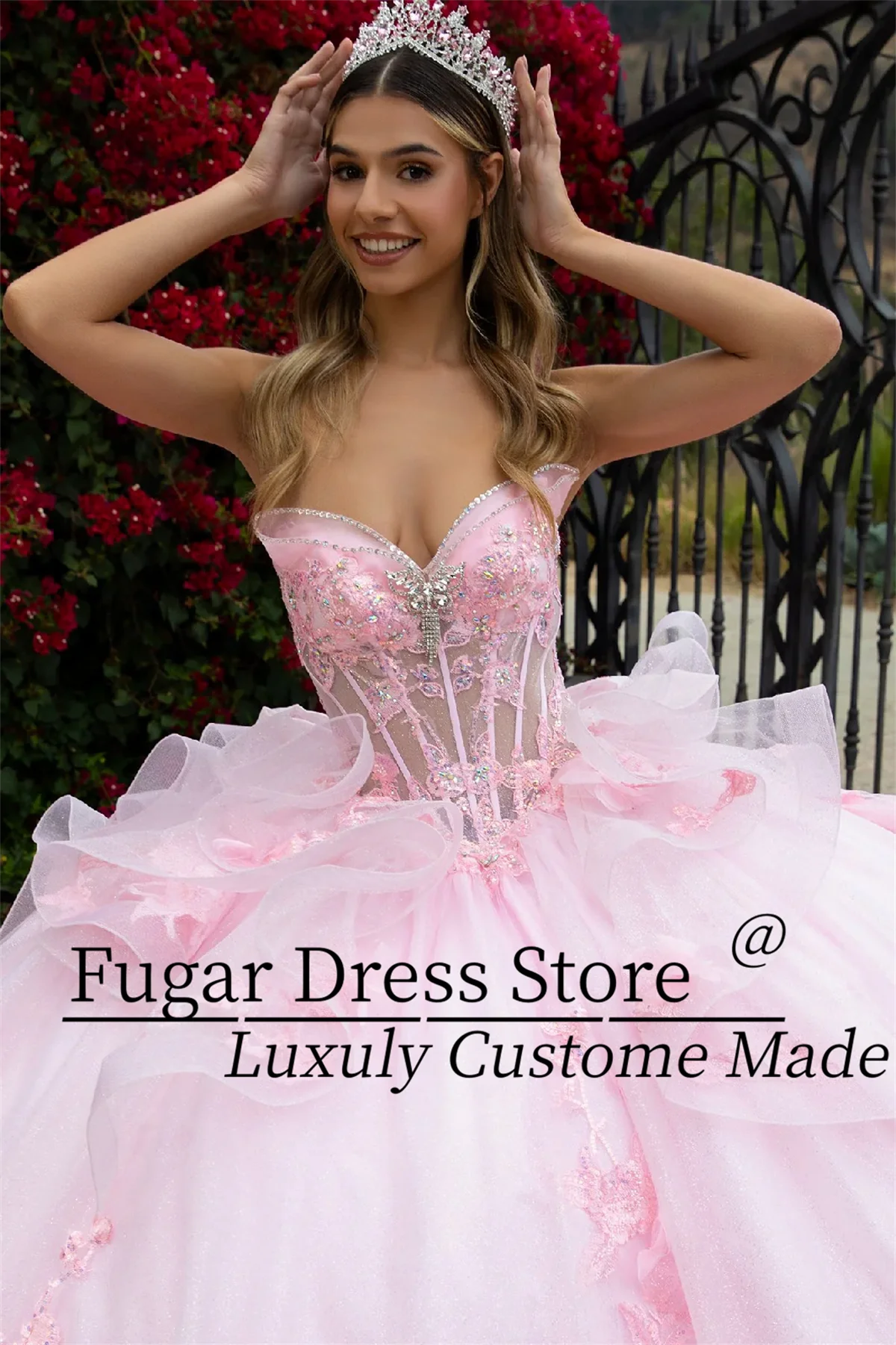 Pink Quinceanera Dresses Beads sequins applique long strapless corset skirt Train skirt with layered waistband