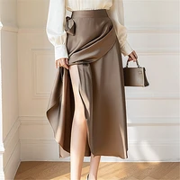 Seoulish Elegant Satin Tie Up Women's Skirts 2026 Summer Vintage Irregular High Waist Solid Casual Ladies A-line Skirts Female