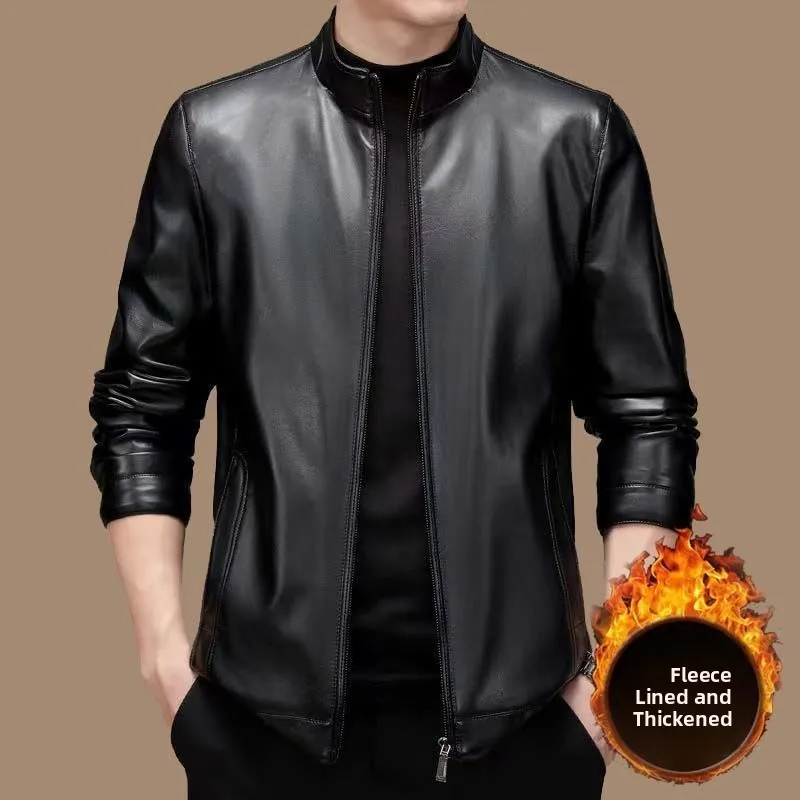 Men's Leather Jacket Thickened Genuine Leather Coat Slim Fit Business Casual Style Winter Warm Fashion City Middle-aged And E... - 4