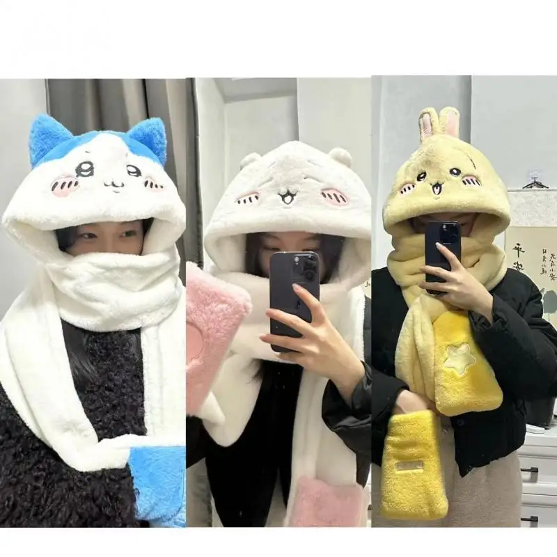 Anime Chiikawas Plush Hat Scarf Gloves Three-In-One Kawaii Hachiware Usage Winter Cold Warmth Thick Cartoon Plush Toys Girl Gift