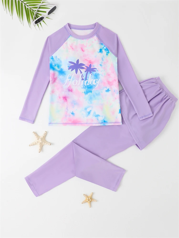 Girls Swimsuit Girls Kids Swimsuit Tie Dye Long Sleeves Trousers Children Swimwear Two Piece Summer Coconut Tree Beach Bathing Suit